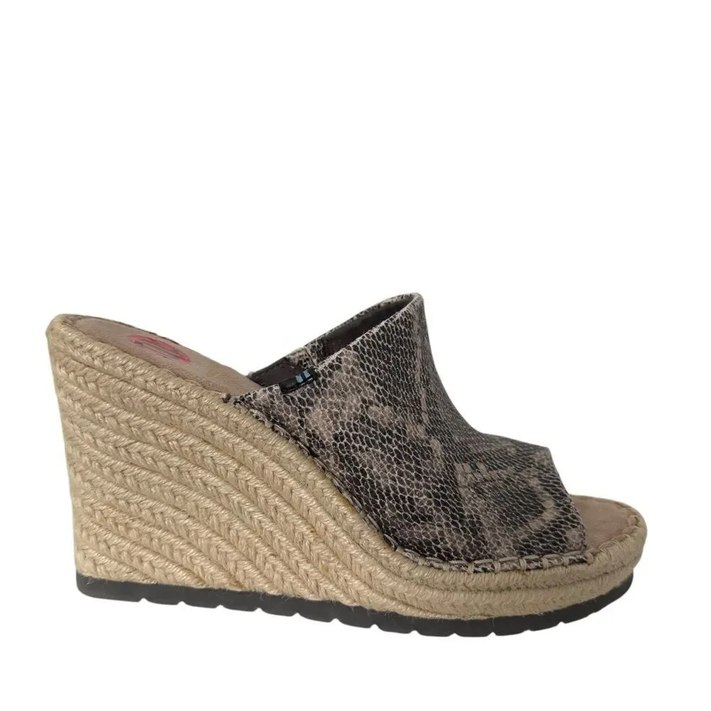 Toms Brown Monica Mule Snakeskin Open Toe Wedge Slip on Sandals